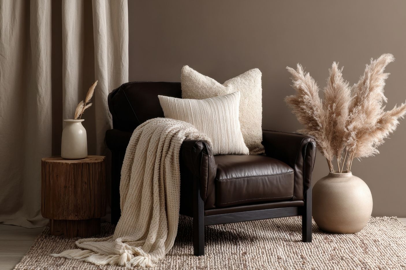 Stílusos enteriőr meleg barna falakkal, bemutatva a természetes árnyaltú falfestékek otthonos, nyugtató erejét.